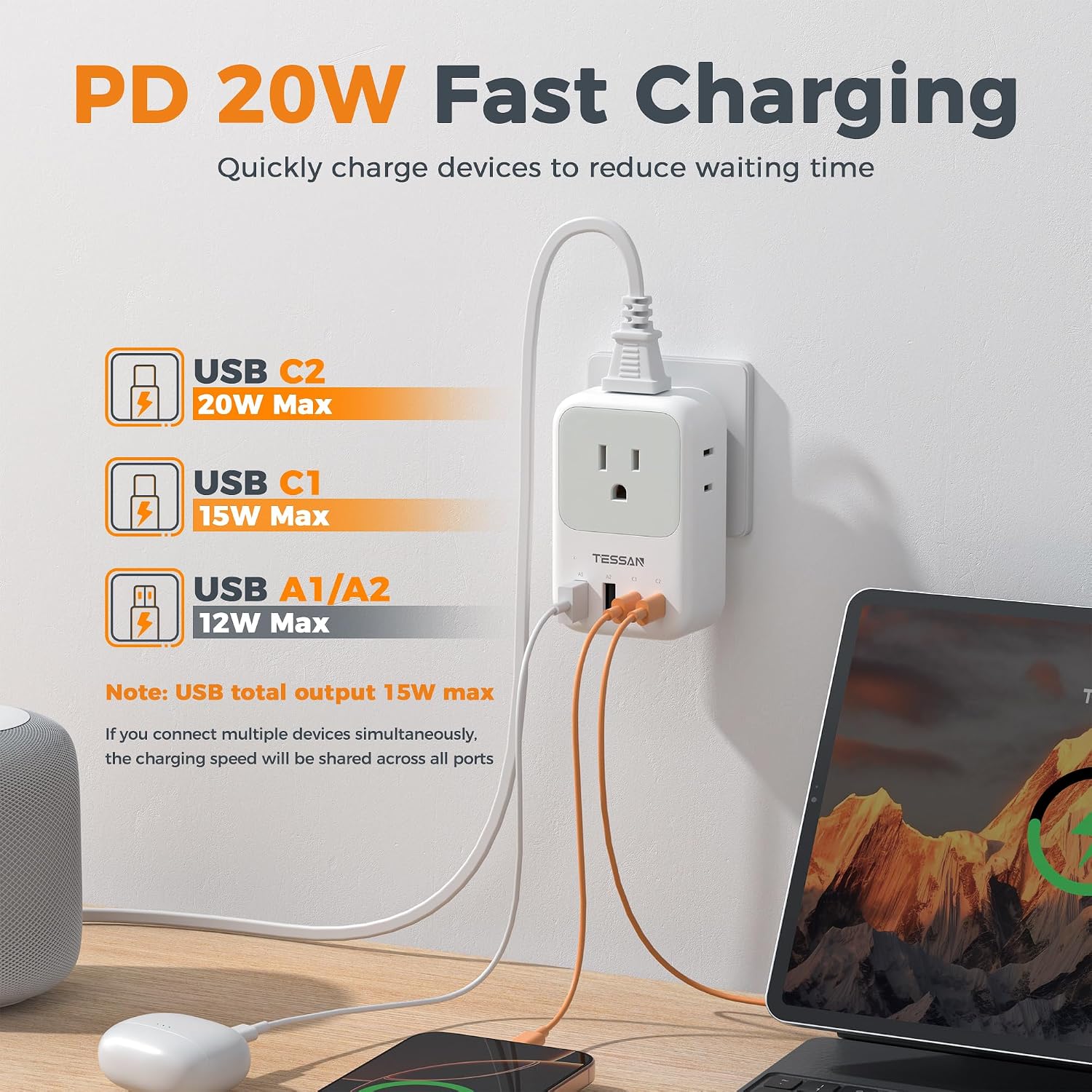 TESSAN USB C Charger Block 20W PD, Fast Charging Adapter with Foldable Plug - Image 2