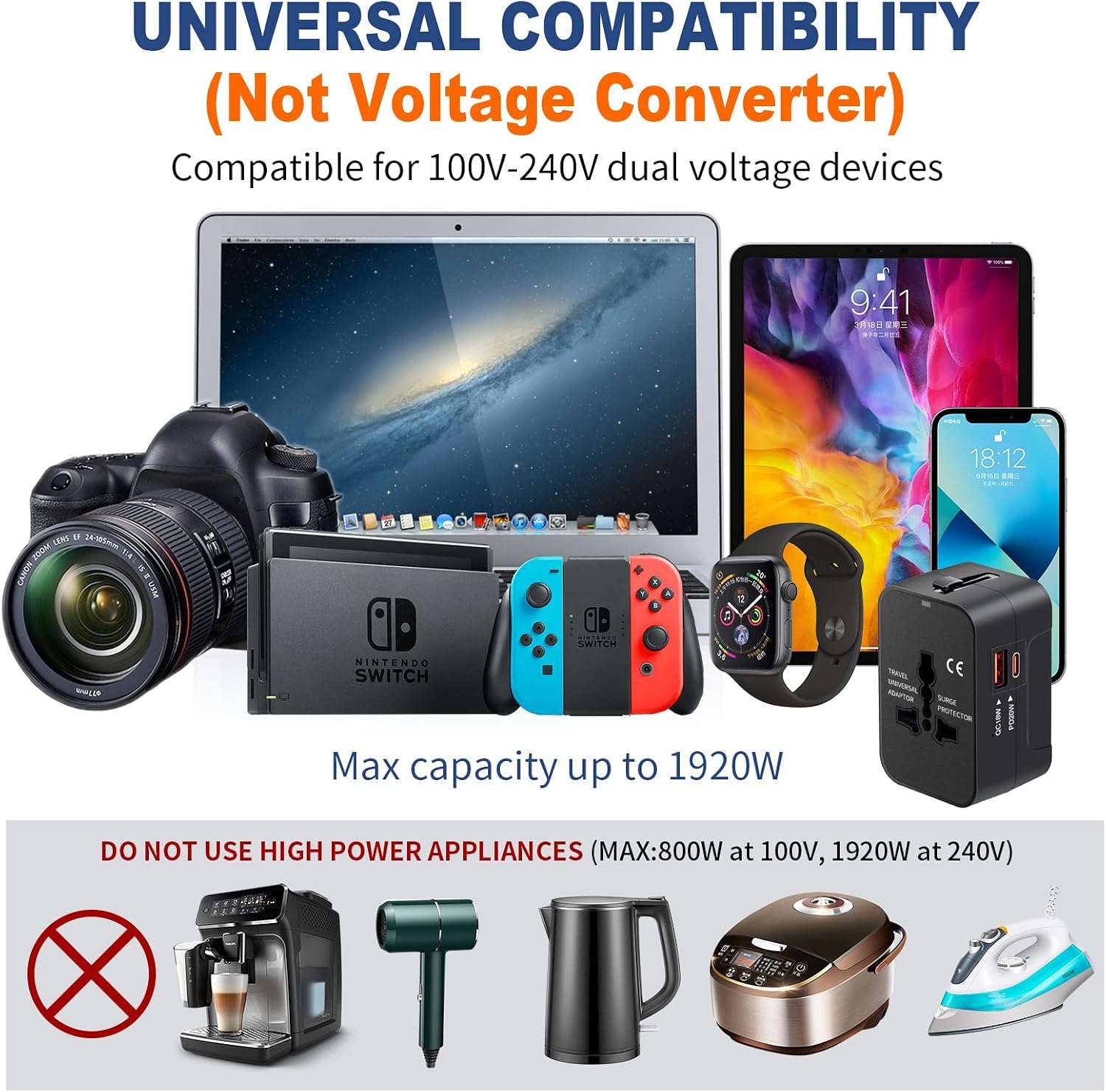 Universal Travel Adapter USB C, All in One Worldwide Plug Adapter, Black - Image 7