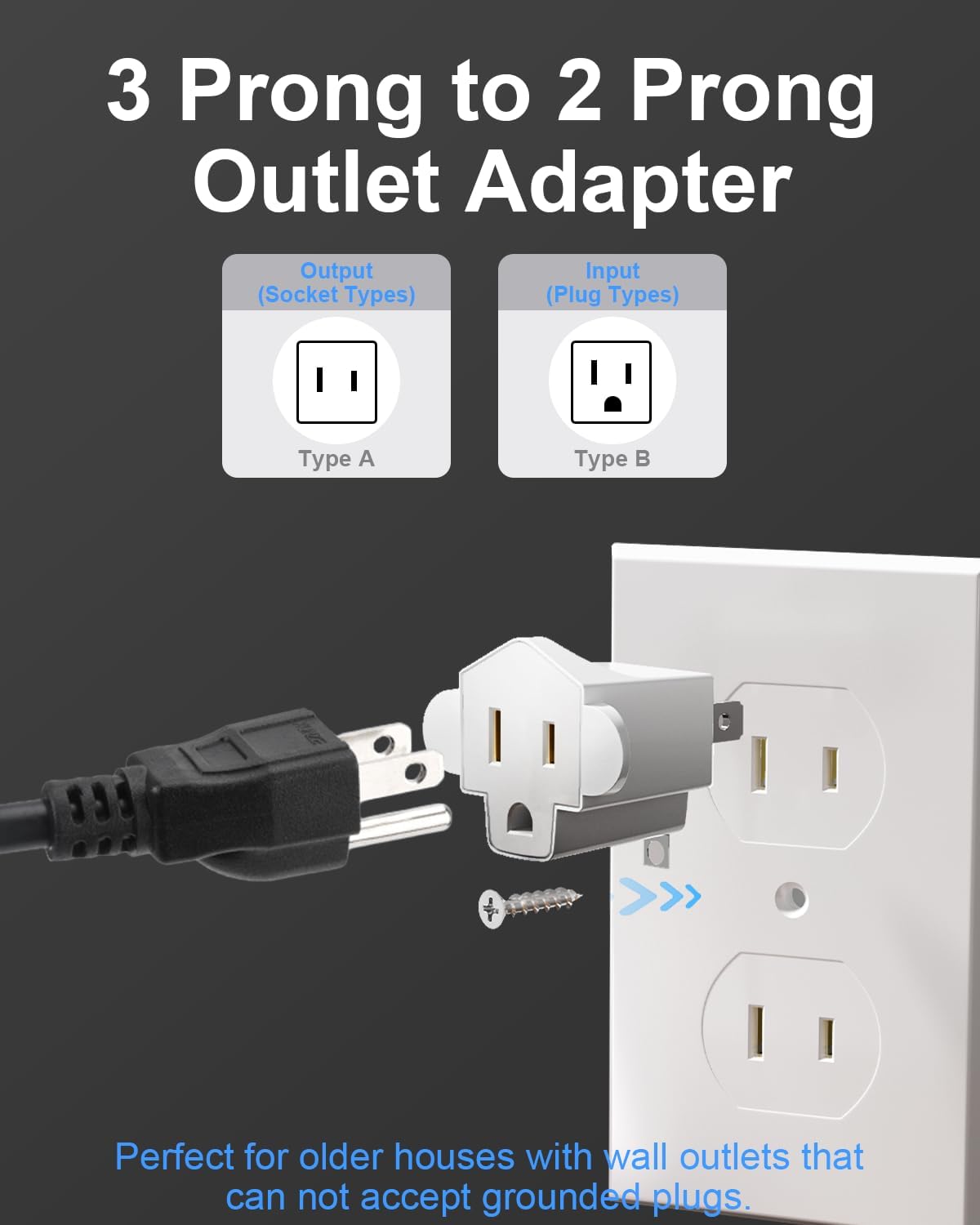Portable 3 Prong to 2 Prong Outlet Adapter, Fireproof 392℉ 3-2 Prong Adapter Converter, Heavy Duty Wall Plug Adapter for Household Appliances Industrial, 1875W Max, 4 Packs - Image 2